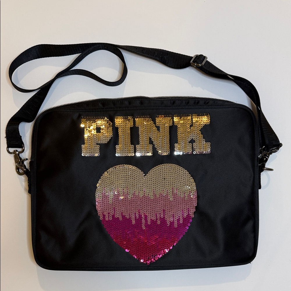 🔥Victoria’s Secret PINK messenger heart laptop bag🖤 black multicolored sequins!